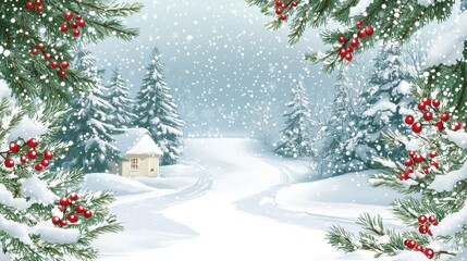 Snowy winter scene with cabin, snow-covered trees, and red berries. Perfect for Christmas cards, winter blogs, or holiday projects.