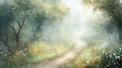 Fototapeta premium Serene forest path winding through lush greenery with soft sunlight filtering through trees