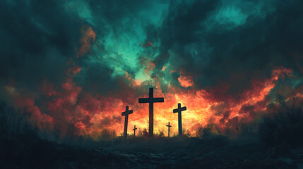 Fototapeta premium Calvary seen from afar, the crosses standing out against a sky filled with swirling dark clouds, the horizon glowing faintly with the last light of day,