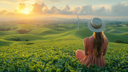 Fototapeta premium woman in hat sits on green hill, enjoying sunset view with wind turbines