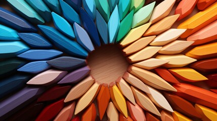 Close-up of colored pencils forming a wheel pattern