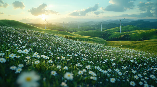 serene landscape featuring wind turbines on rolling green hills, adorned with wildflowers