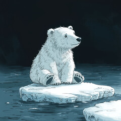 cartoon style polar bear sitting on melting ice floe, evoking concern
