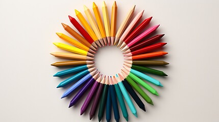 Circular arrangement of colored pencils forming a wheel