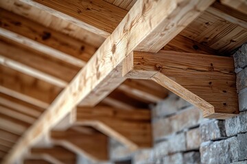 Wooden Roof Structure Construction Close-Up with Intricate Beams and Brick Walls