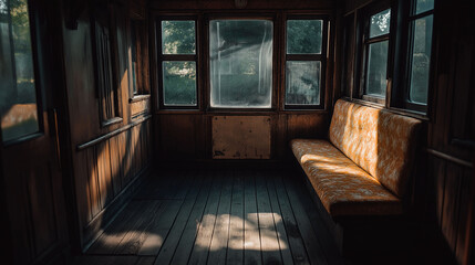 A dramatic interior shot of an old train cabin, with a spotlight falling on a dusty old window, emphasizing the weathered wood and worn upholstery