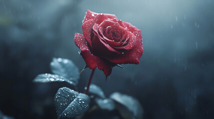 A stunning red rose adorned with droplets glistening in the soft rain light.