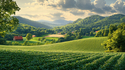 Lush green landscape with rolling hills and farms under cloudy sky