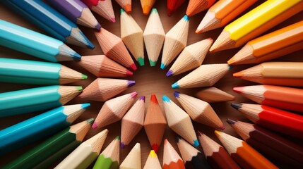 Close-up of colored pencils forming a symmetrical wheel