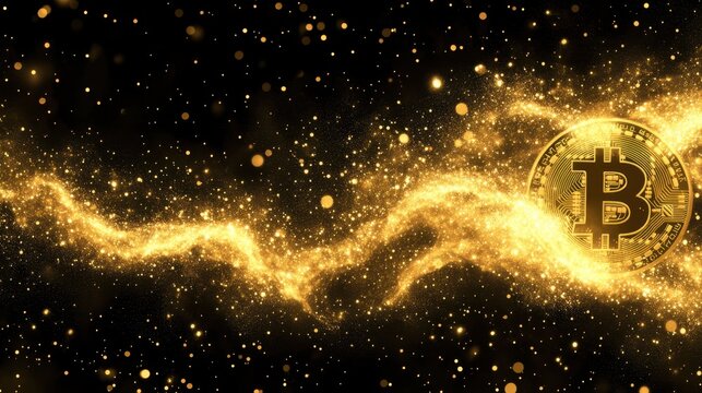 Bitcoin logo surrounded by a stream of golden particles on a dark background