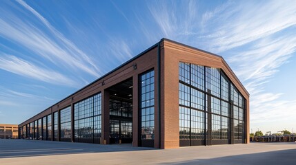 Fototapeta premium A spacious warehouse with bold architectural features, glass windows gleaming under a sunny sky