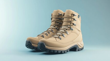 Beige hiking boots, studio shot, blue background, product photography