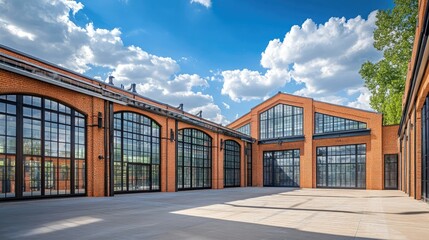 A spacious warehouse with bold architectural features, glass windows gleaming under a sunny sky