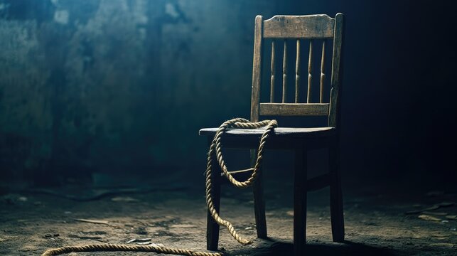 A single wooden chair with a rope noose draped over it, set in a moody, dark environment.
