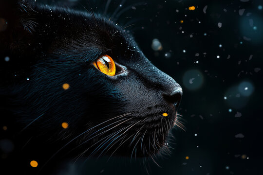 black leopard with striking golden eyes gazes into distance, surrounded by mystical atmosphere filled with soft bokeh and shimmering particles