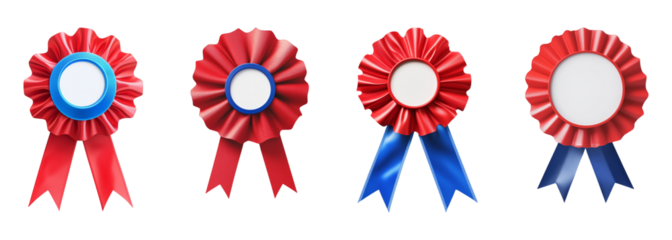 Set of Red award ribbon with blue decoration isolated on a transparent background, cut out