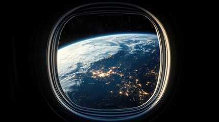 A stunning view of Earth from a spaceship window, showing continents and oceans glowing under the sunlight