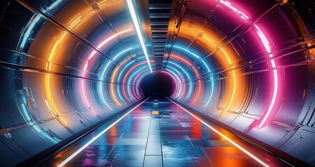 Futuristic Neon Tunnel with Abstract Patterns and Paint Stains in a High Contrast Corridor