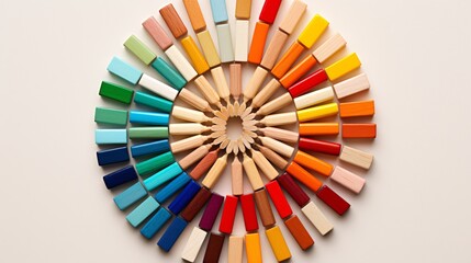Obraz premium Top-down view of colored pencils arranged in a wheel design