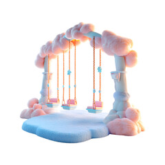 Fluffy 3D Cartoon Playground with Glowing Swings Featuring Pink Teddy Bear Swing Isolated on Transparent Background