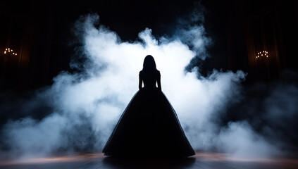 ghostly figure of elegant woman in black dress stands amidst swirling smoke, creating mysterious and dramatic atmosphere