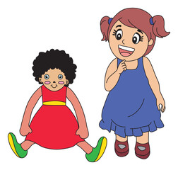 Baby Girl with Her Doll, Thinking About Playtime Sweet Childhood Vector Illustration.	