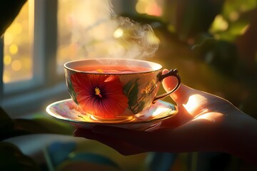 A Steaming Cup Of Tea With Hibiscus Design