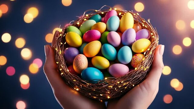 Colorful easter eggs in nest with fairy lights against a bokeh background. Happy Easter