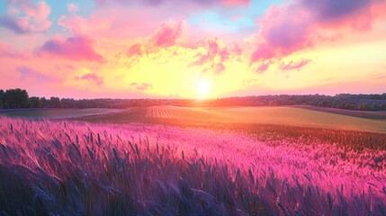Vibrant sunset over pink wheat field