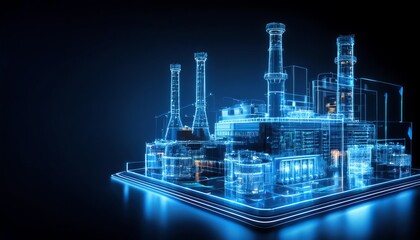 A futuristic digital rendering of an industrial factory with glowing blue elements, symbolizing advanced technology and innovation in manufacturing.