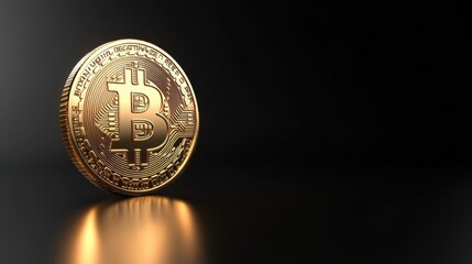 Shiny golden Bitcoin on a reflective dark surface.