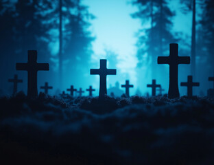 haunting photograph of old cemetery at night, featuring silhouetted crosses shrouded in mist. eerie atmosphere evokes sense of mystery and reflection