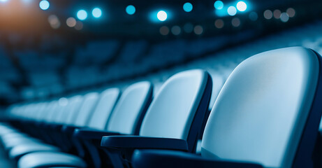 Fototapeta premium Empty stadium seats create serene atmosphere, showcasing design and layout of modern sports venue. blue lighting adds calming effect to scene