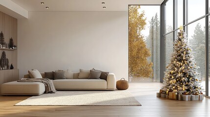 Minimalist Cozy Living Room with Christmas Tree and Natural Light