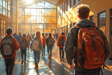 Teacher Engaging with Primary School Students in Vibrant Hallway