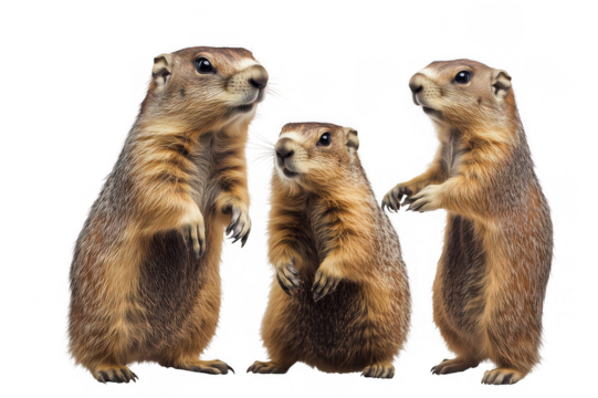 Three groundhogs stand warily looking in different directions against a transparent background. Set of three groundhogs on a transparent background