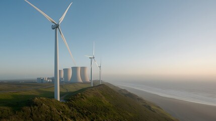 Modern Representation of Nuclear Power and Renewable Energy with Wind Turbines Alongside a Coastal Landscape in the Early Morning Light