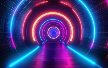 Fototapeta premium Futuristic Neon Corridor Abstract Geometric Background with Circular Patterns and Vibrant Colors