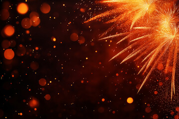 Fototapeta premium Bright fireworks bursting in night sky, creating vibrant display of orange and gold sparks against dark background, evoking festive atmosphere