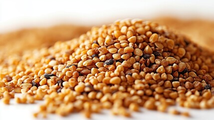 Obraz premium A close-up of a mound of mustard seeds on a light background.