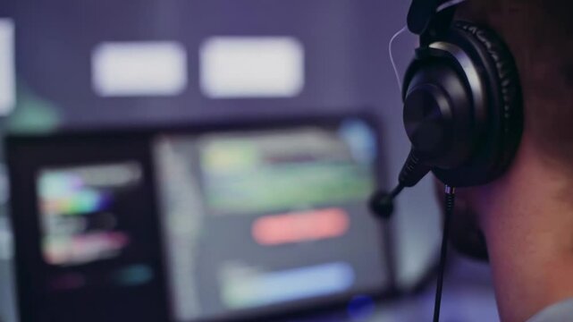 Video editor working on software with headphones