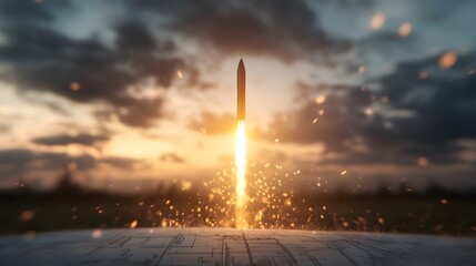 Obraz premium A modern rocket launching scene illustrated on a blueprint, showcasing innovation and design.