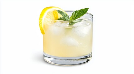 Refreshing Lemon and Mint Summer Drink with Ice in Rocks Glass