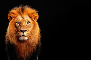 Fototapeta premium Majestic lion portrait with striking mane against black background, showcasing its powerful presence and fierce gaze. true symbol of strength and beauty