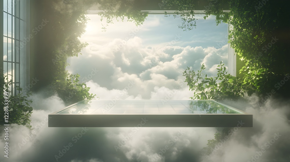 Aufkleber Surreal image of a floating office featuring transparent floors, creating a unique architectural concept.
