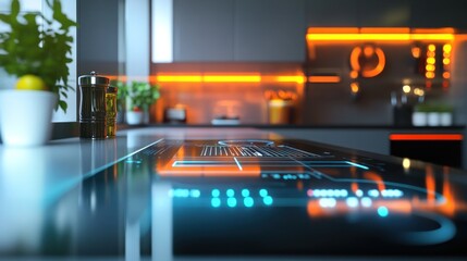 Futuristic smart kitchen countertop with holographic interface.