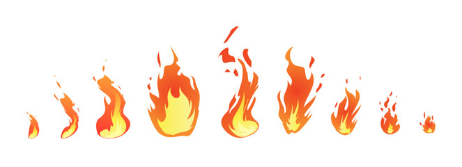 Burning bonfires or campfires vector flat icons set, cartoon different sizes and shapes of red fire flame effect with sparks