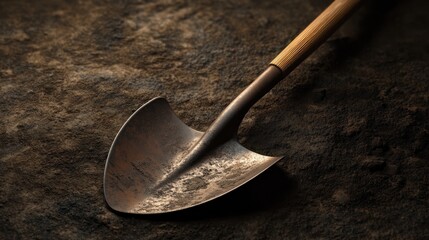 Rusty shovel on dark soil, outdoor ground. Gardening, farming, construction image