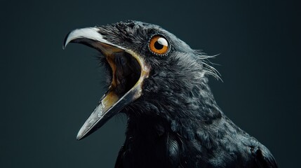 Fototapeta premium Close-up of a black bird with open beak, showing detail of feathers and eyes against a dark background.