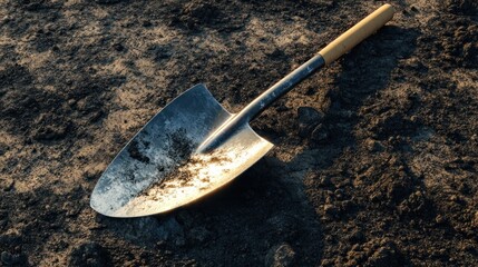 Shovel on dark soil, sunset, gardening